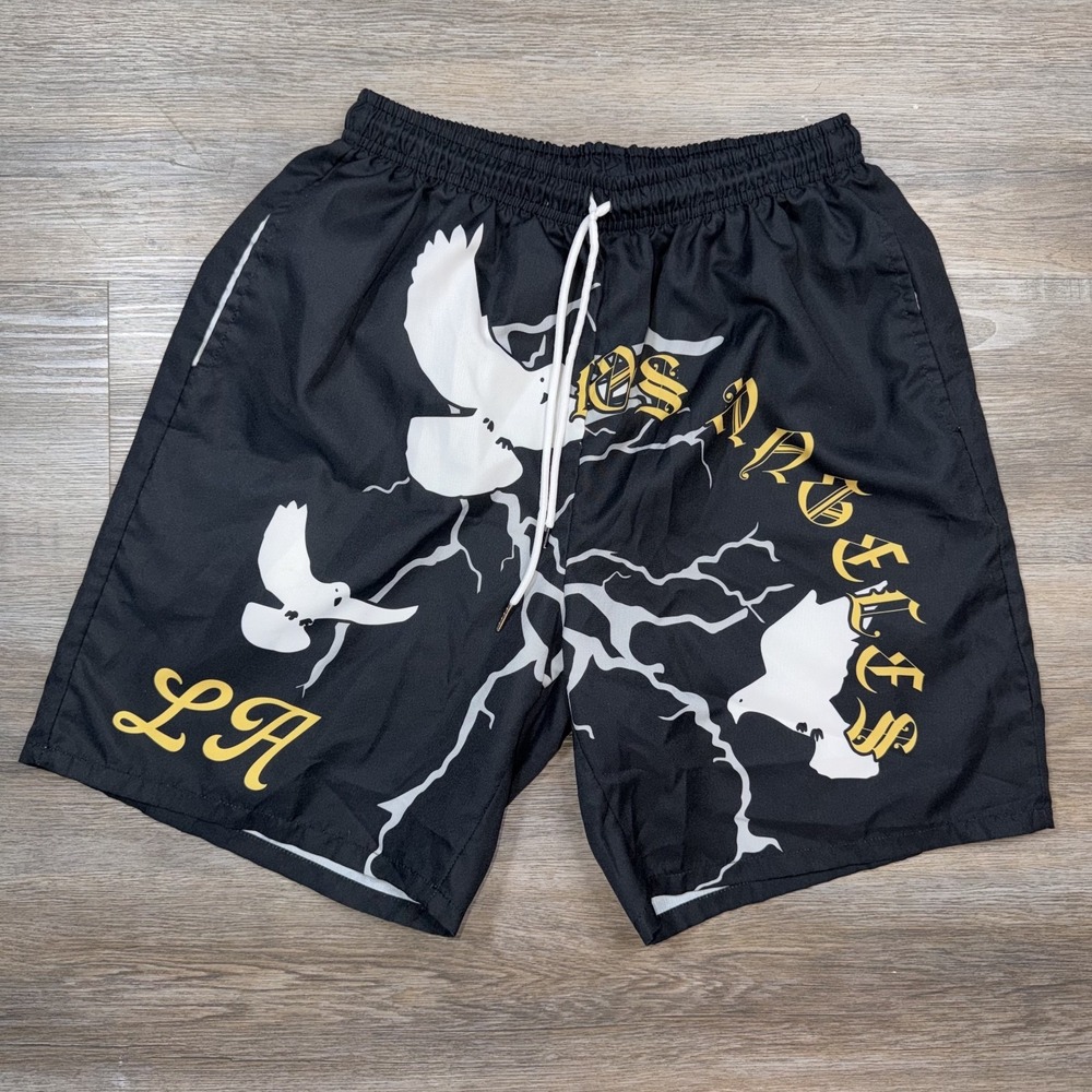 ROMWE Shorts Mens Small (36) LA Dove of Peace White Pigeon Lightning Graphic